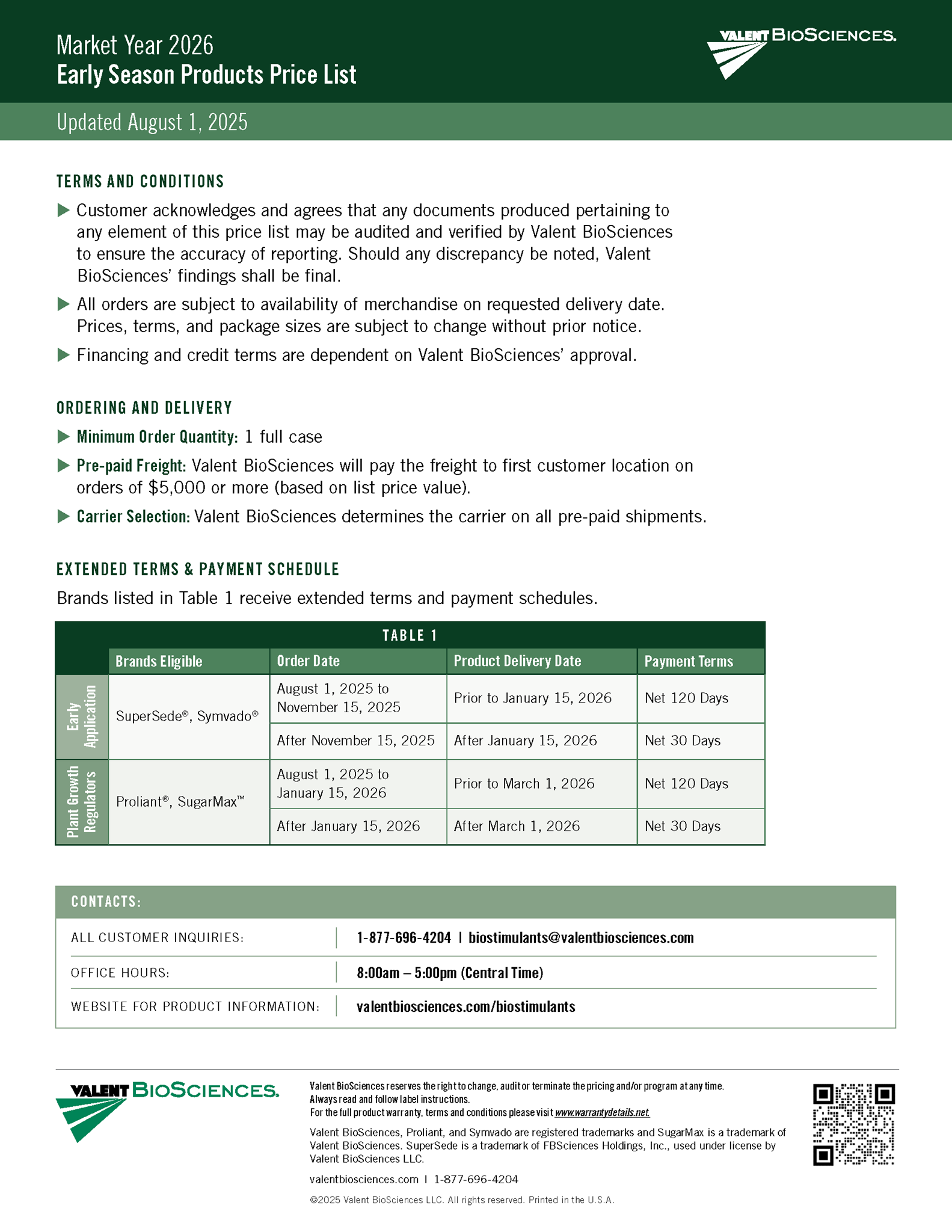 Picture of Valent BioSciences 2026 Early Season Products Retail Price List