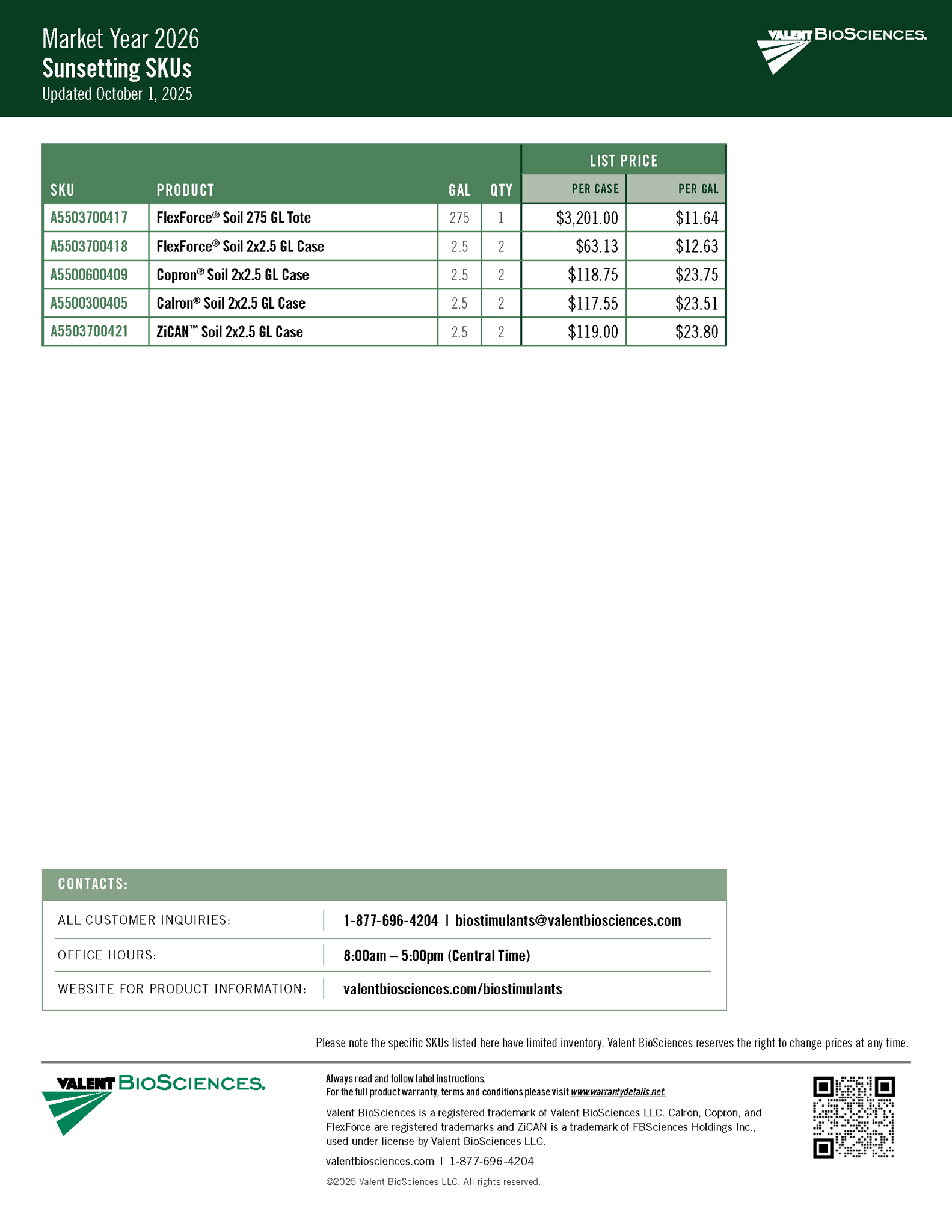 Picture of Valent BioSciences 2026 Sunsetting SKUs Price List